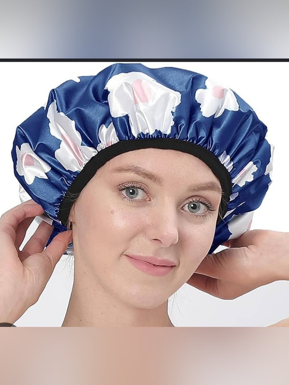 Satin Floral Shower Cap in Navy and White - Elastic Waterproof Hat